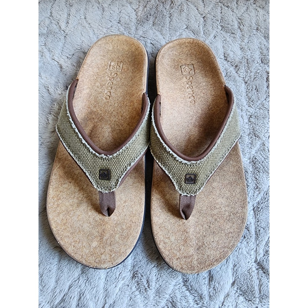 Spenco Yumi Orthotic Flip Flops Womens 7 Tan/Brown Canvas Sandals